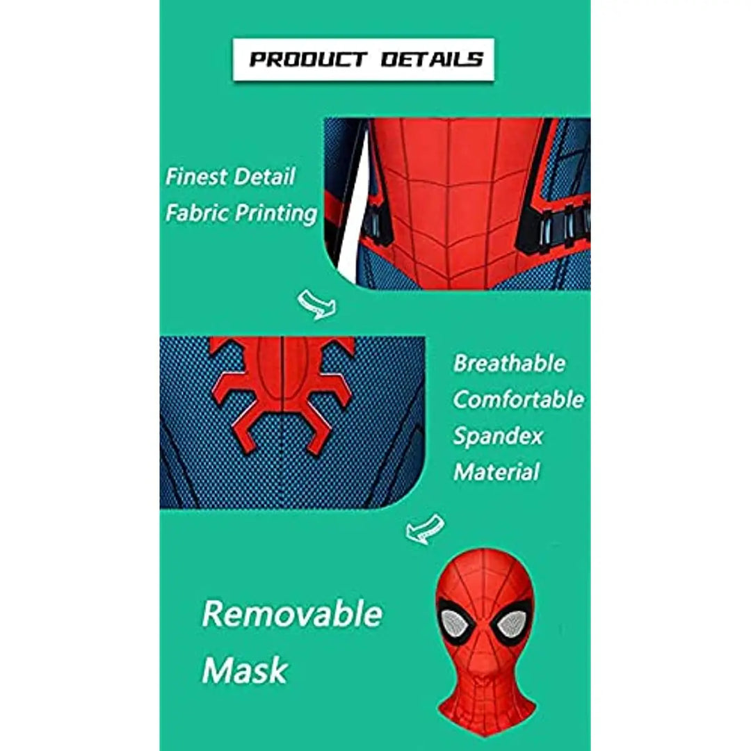 "Iconisch Spider-Man kostuum voor kinderen met felrode en blauwe kleuren, inclusief masker voor superheldenverkleedpartijen."