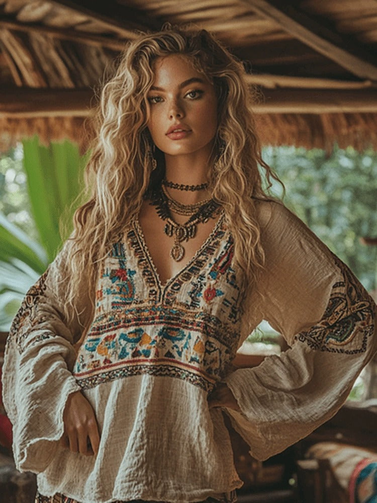 Geborduurde Blouse | Katoen Linnen | Bohemian V-Hals