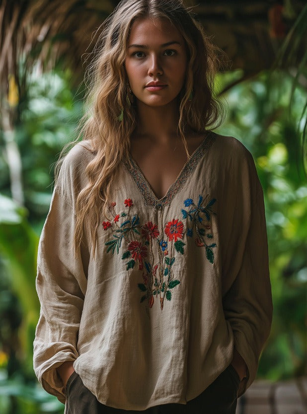 Geborduurde Blouse | Katoen Linnen | Bohemian V-Hals