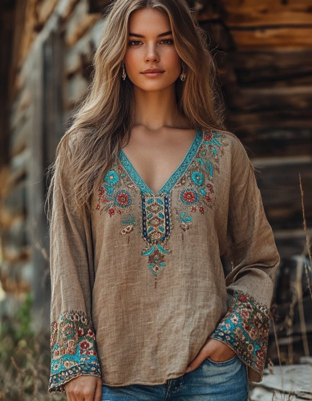 Geborduurde Blouse | Katoen Linnen | Bohemian V-Hals