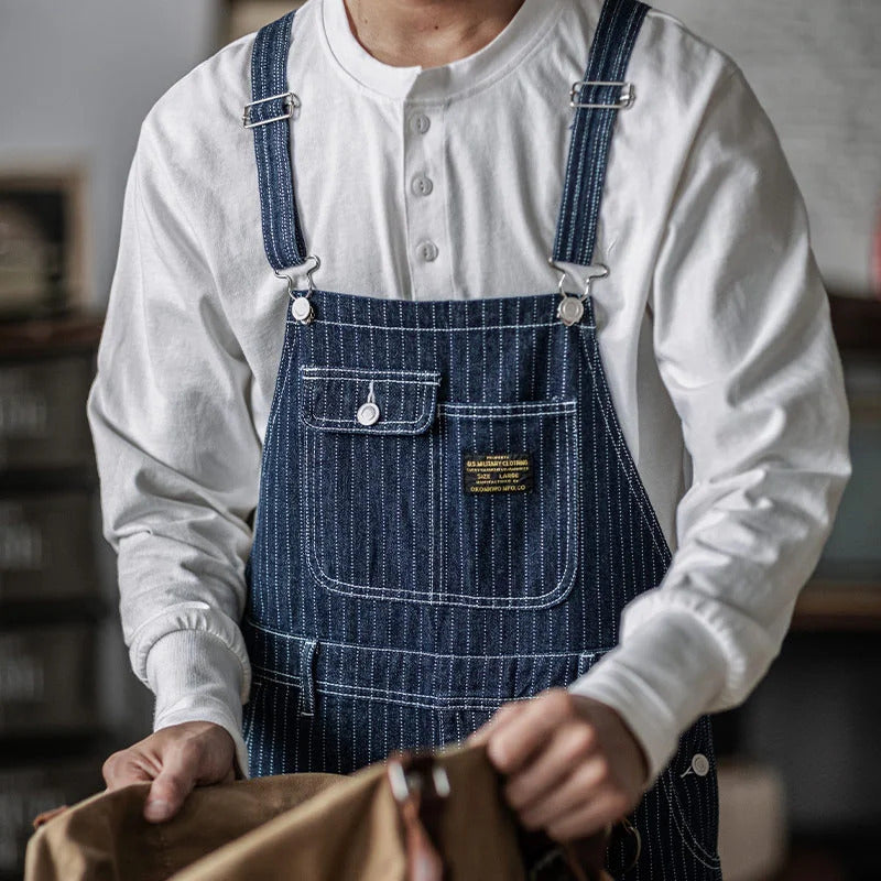 "Indigo denim overalls heren, vintage stijl, zes zakken, slanke pasvorm, hoge duurzaamheid, ademend katoen."