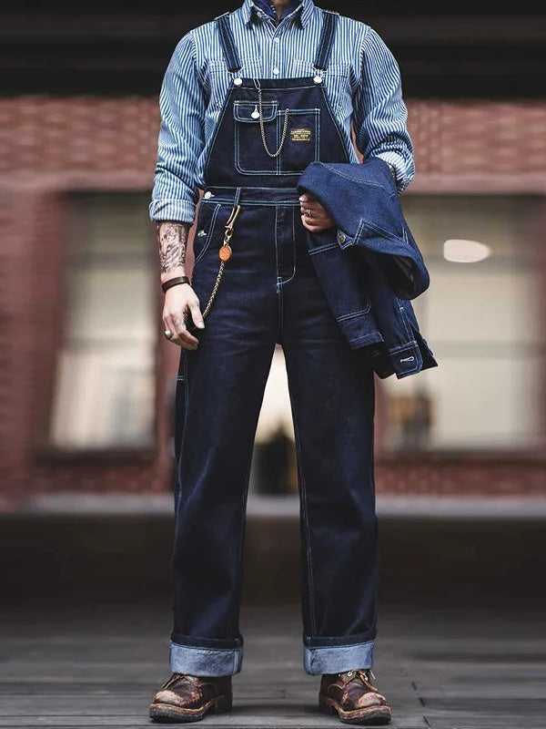 "Indigo denim overalls heren, vintage stijl, zes zakken, slanke pasvorm, hoge duurzaamheid, ademend katoen."