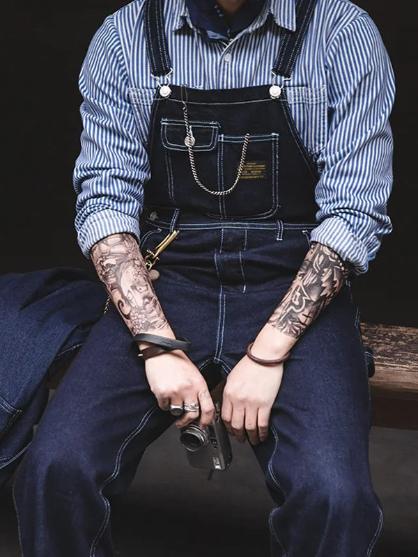 "Indigo denim overalls heren, vintage stijl, zes zakken, slanke pasvorm, hoge duurzaamheid, ademend katoen."