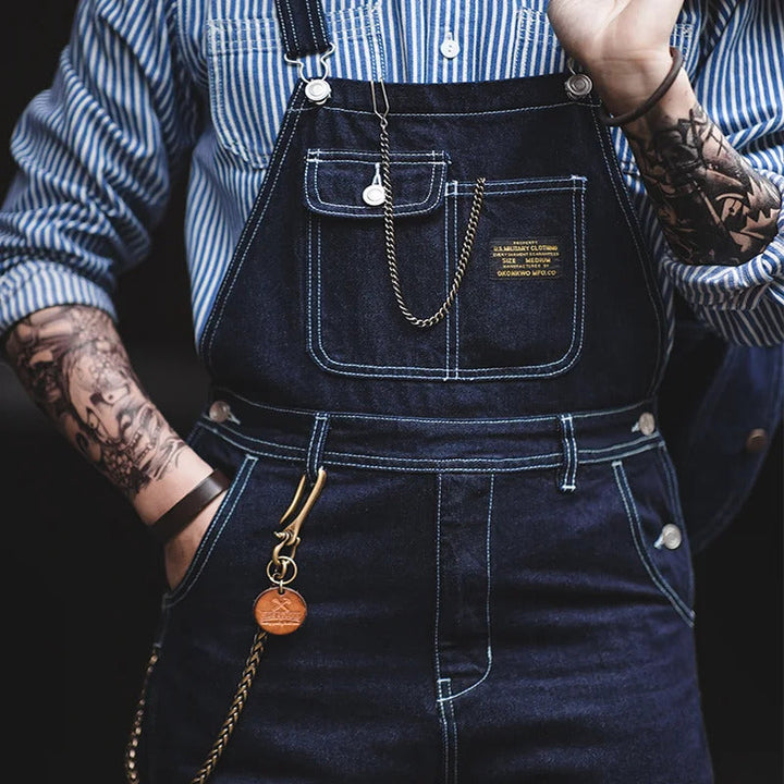 "Indigo denim overalls heren, vintage stijl, zes zakken, slanke pasvorm, hoge duurzaamheid, ademend katoen."