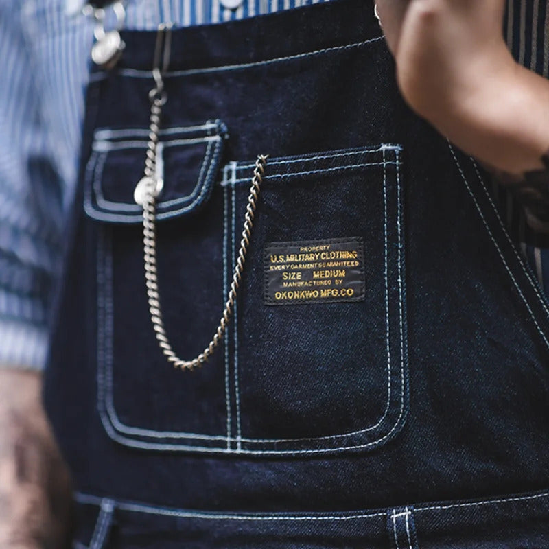 "Indigo denim overalls heren, vintage stijl, zes zakken, slanke pasvorm, hoge duurzaamheid, ademend katoen."