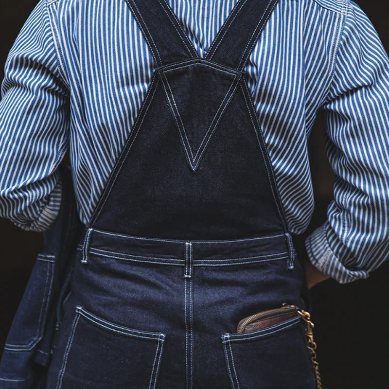 "Indigo denim overalls heren, vintage stijl, zes zakken, slanke pasvorm, hoge duurzaamheid, ademend katoen."