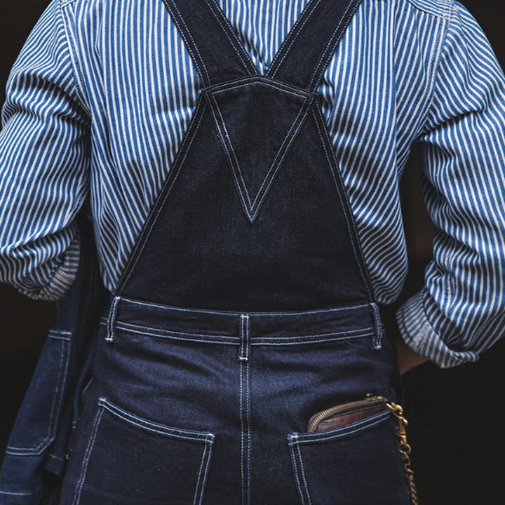 "Indigo denim overalls heren, vintage stijl, zes zakken, slanke pasvorm, hoge duurzaamheid, ademend katoen."