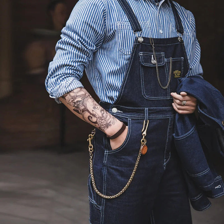 "Indigo denim overalls heren, vintage stijl, zes zakken, slanke pasvorm, hoge duurzaamheid, ademend katoen."