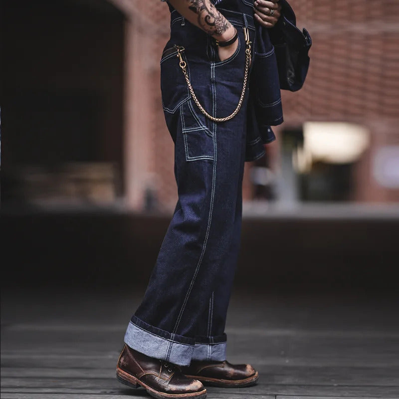 "Indigo denim overalls heren, vintage stijl, zes zakken, slanke pasvorm, hoge duurzaamheid, ademend katoen."