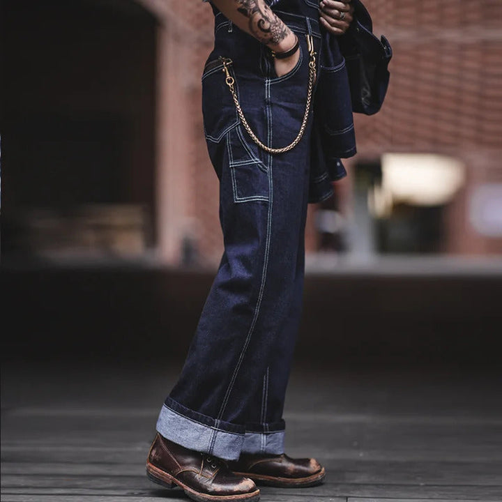 "Indigo denim overalls heren, vintage stijl, zes zakken, slanke pasvorm, hoge duurzaamheid, ademend katoen."