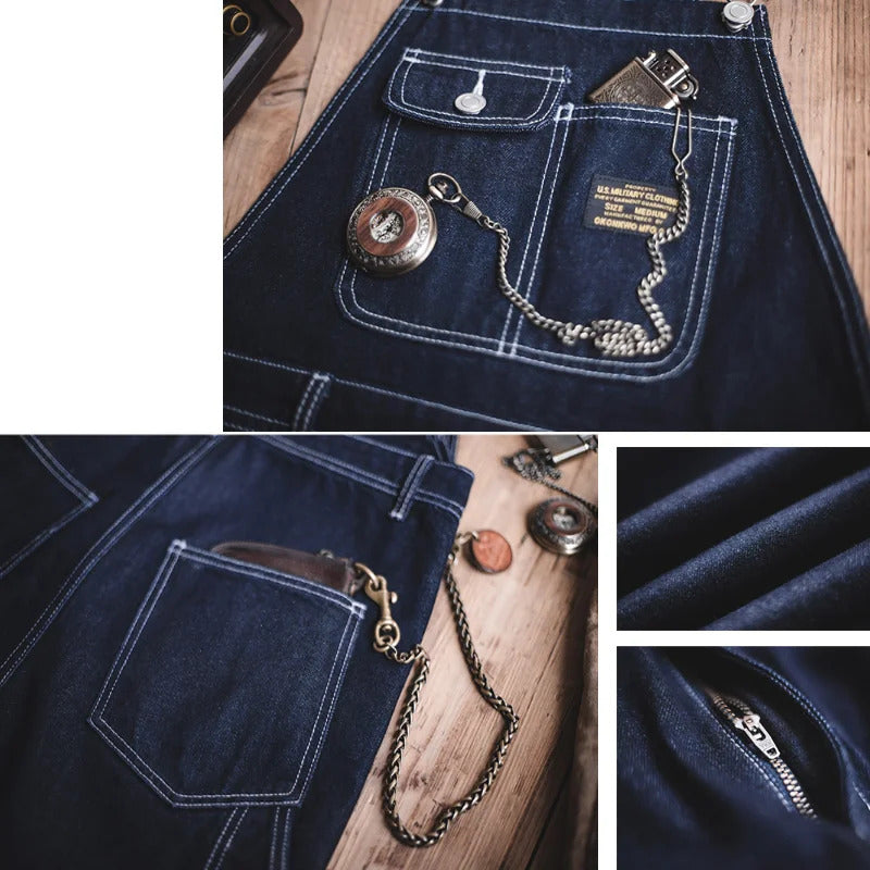 "Indigo denim overalls heren, vintage stijl, zes zakken, slanke pasvorm, hoge duurzaamheid, ademend katoen."