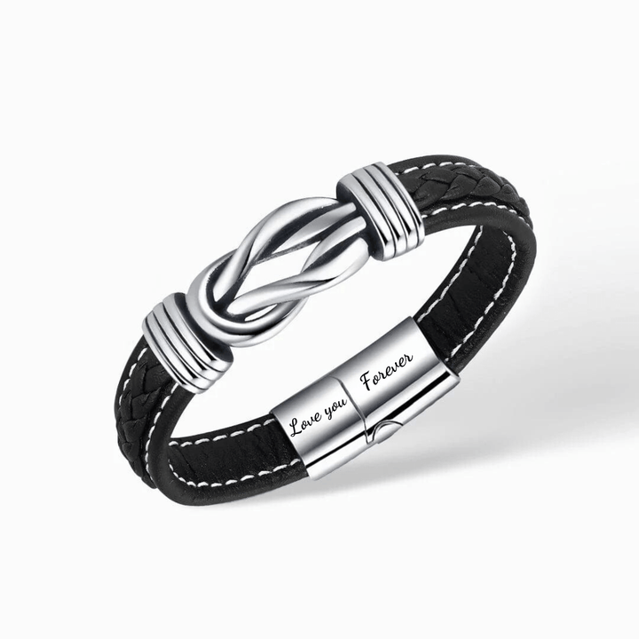 Infinity leren armband met gravure 'Love you Forever', zwart leer, roestvrij staal, cadeau voor kleinzoon, stijlvol design.