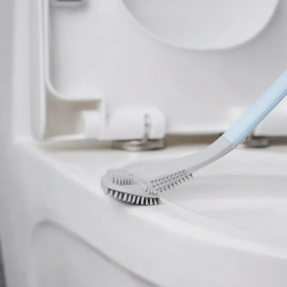 "Innovatieve toiletborstel met vuilafstotend ontwerp en L-vormige kop voor hygiënische reiniging in stijl."