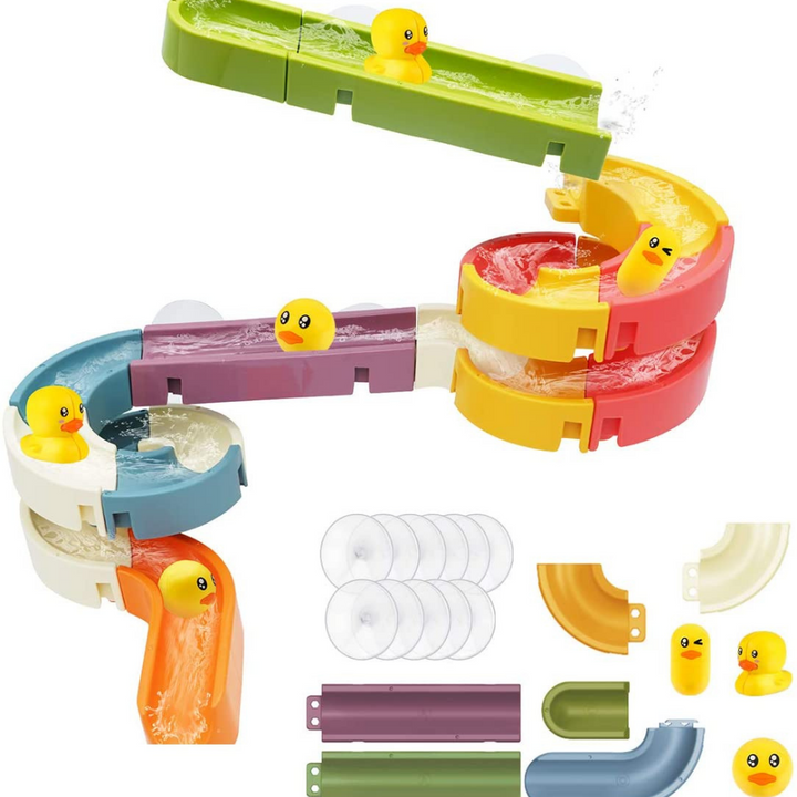 Interactief badspeelgoed met kleurrijke eendjes op een glijbaan, ideaal voor kinderen. Zorgt voor speelplezier tijdens het ba