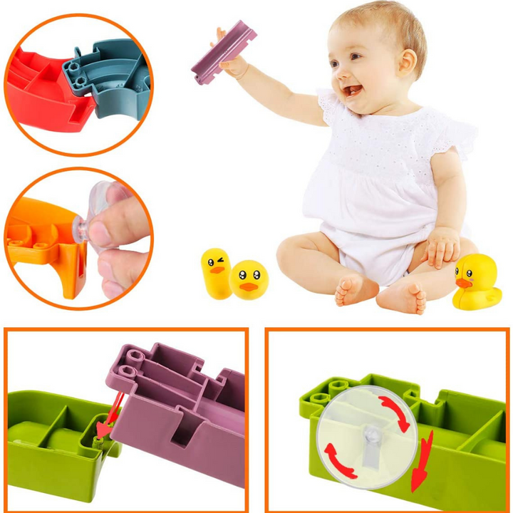 Interactief badspeelgoed met kleurrijke eendjes op een glijbaan, ideaal voor kinderen. Zorgt voor speelplezier tijdens het ba