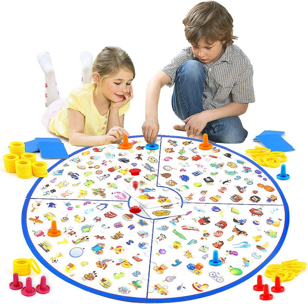 "Interactief educatief puzzelspel voor kinderen, kleurrijk bord met kaarten en ringen, ontwikkelt speurvaardigheden en creati