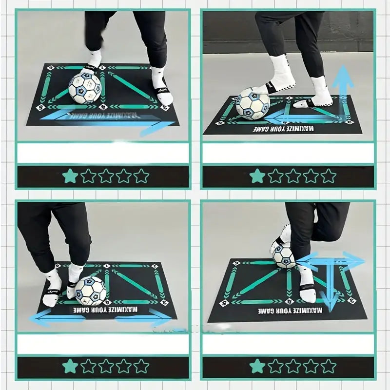 "Junior Soccer Skills Mat voor kinderen, blauw en groen, met doelen en voetballijnen voor balcontrole en dribbeloefeningen."