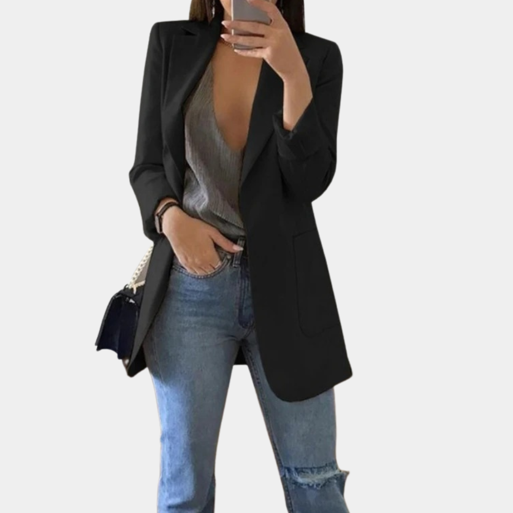 "Khaki lange blazer dames, elegant en stijlvol, veelzijdige keuze voor elke garderobe, ideaal voor formele en informele geleg