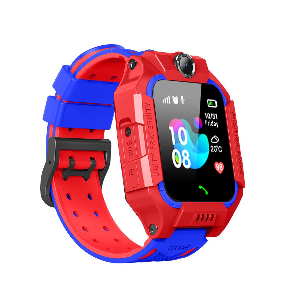 "Kinder Smartwatch met GPS, SOS-knop en camera, kleurrijk design in blauw, groen, paars, rood en roze."