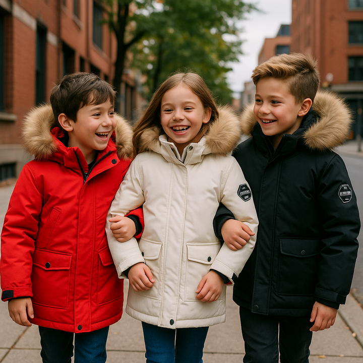 "Kinderen in waterdichte, warme winterjas met slim fit design, spelend in de sneeuw, comfortabel en stijlvol gekleed."