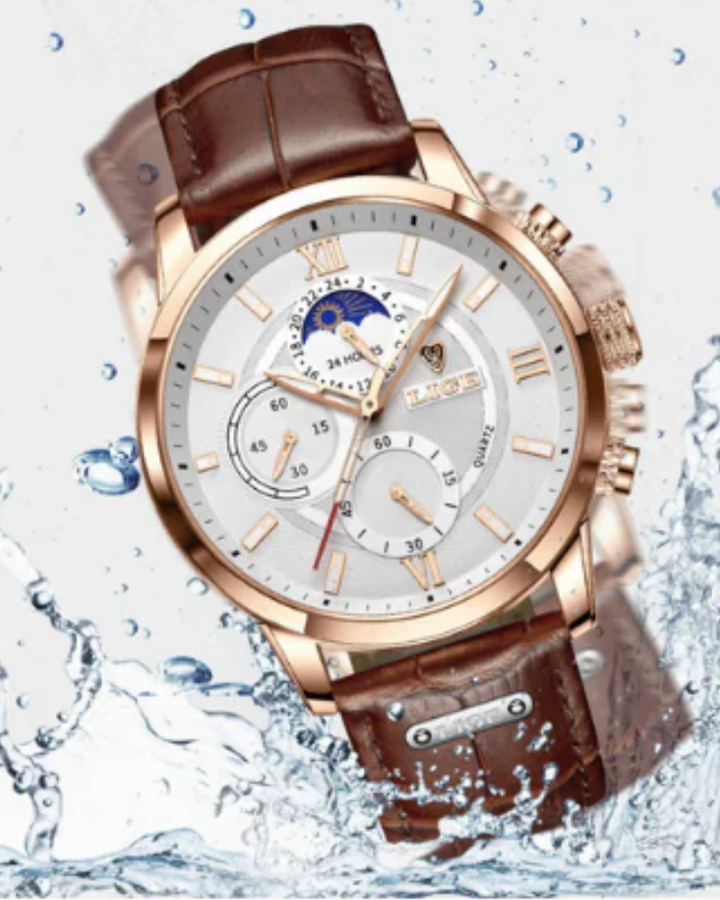 "Klassiek waterdicht herenhorloge, elegant design, leren band, tijdloos en robuust, ideaal voor zowel formele als informele g