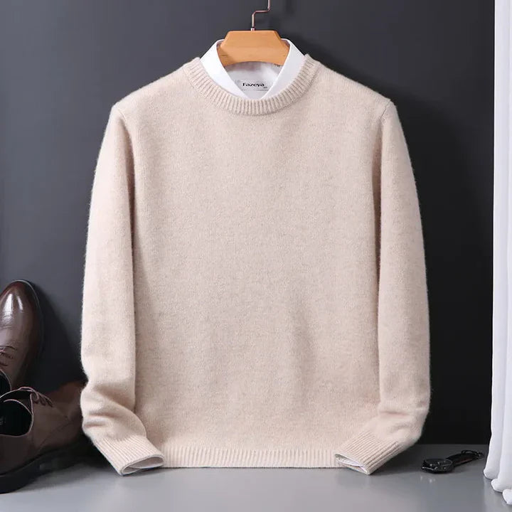"Klassieke kasjmier heren trui, grijs, met elastische boorden. Luxe en comfortabele sweater voor heren, tijdloos design."