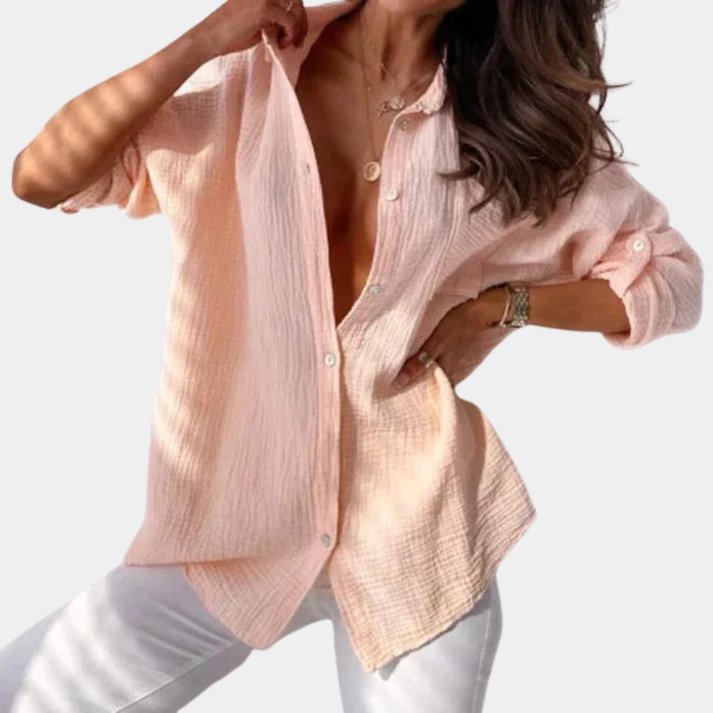 Kleurrijke dames blouse, luchtig design, button-up, levendige kleuren oranje, roze, grijs en blauwgroen, zomer top.
