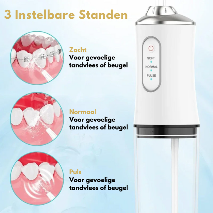 "Kleurrijke SmileFresh Waterflosser, optimale mondhygiëne met aanpasbare druk, 360° spuitkop, 220ML reservoir."