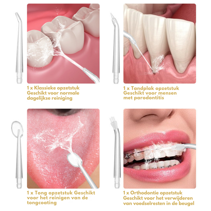 "Kleurrijke SmileFresh Waterflosser, optimale mondhygiëne met aanpasbare druk, 360° spuitkop, 220ML reservoir."