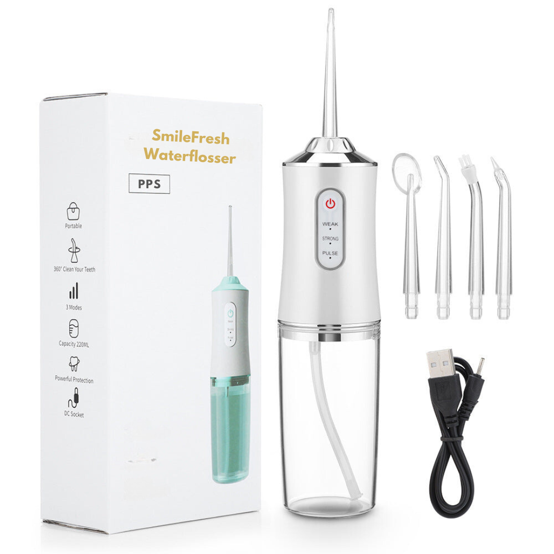 "Kleurrijke SmileFresh Waterflosser, optimale mondhygiëne met aanpasbare druk, 360° spuitkop, 220ML reservoir."
