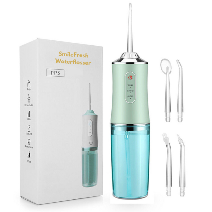"Kleurrijke SmileFresh Waterflosser, optimale mondhygiëne met aanpasbare druk, 360° spuitkop, 220ML reservoir."
