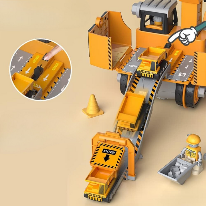 Kleurrijke speelset met vrachtwagen, graafmachine & kraan, gemaakt van duurzaam kunststof, inspireert creatief bouwen.