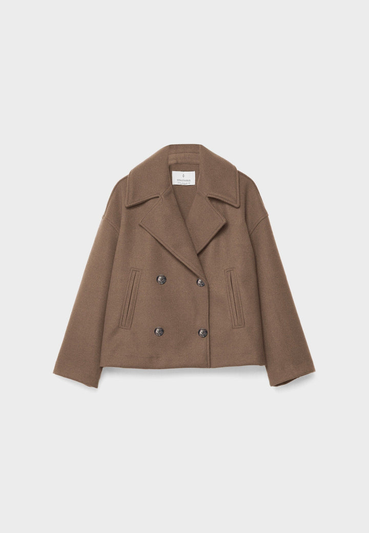 "Korte double-breasted jas, beige, regular fit, katoenmix, met knopen en zakken geschikt voor herfst- en wintermaanden."