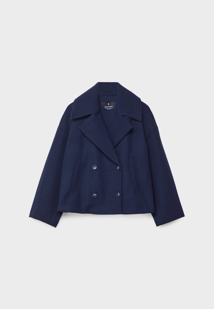 "Korte double-breasted jas, beige, regular fit, katoenmix, met knopen en zakken geschikt voor herfst- en wintermaanden."