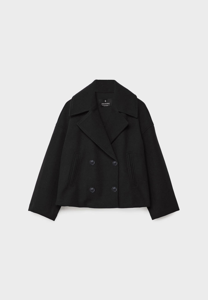 "Korte double-breasted jas, beige, regular fit, katoenmix, met knopen en zakken geschikt voor herfst- en wintermaanden."