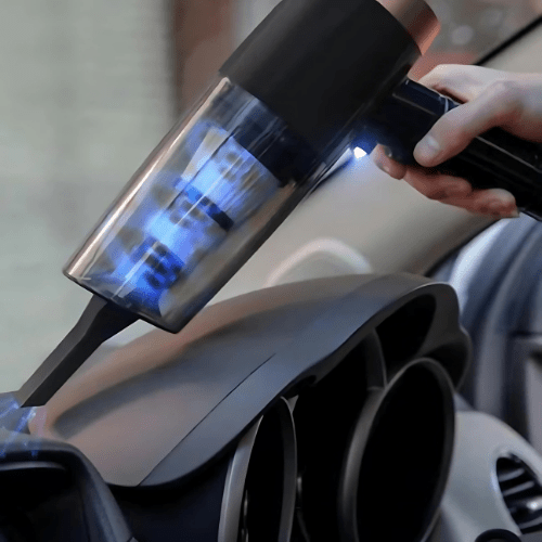 "Krachtige draadloze draagbare autostofzuiger met compact design, ideaal voor stof, vuil en dierenharen in de auto."