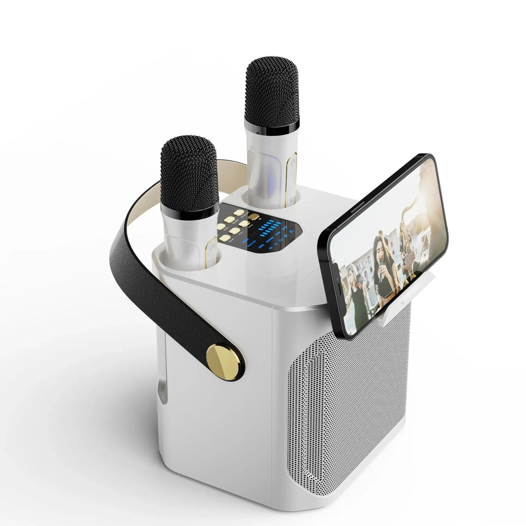 "Krachtige draagbare Bluetooth karaoke speaker met 360° surround, compacte boombox, dubbele microfoons, diep basgeluid."
