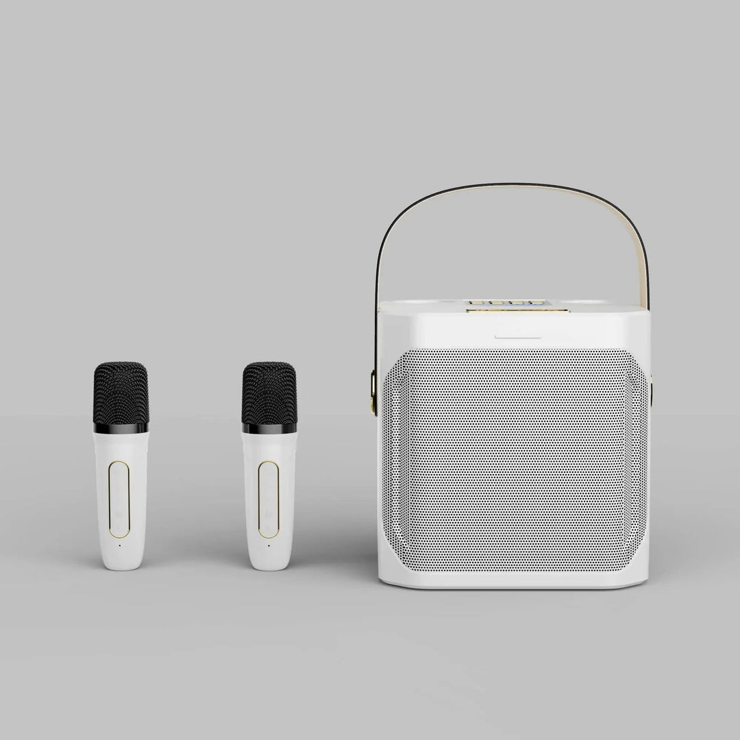 "Krachtige draagbare Bluetooth karaoke speaker met 360° surround, compacte boombox, dubbele microfoons, diep basgeluid."