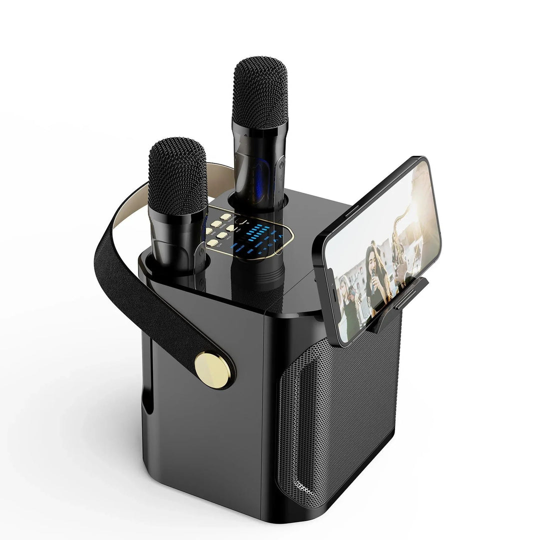 "Krachtige draagbare Bluetooth karaoke speaker met 360° surround, compacte boombox, dubbele microfoons, diep basgeluid."