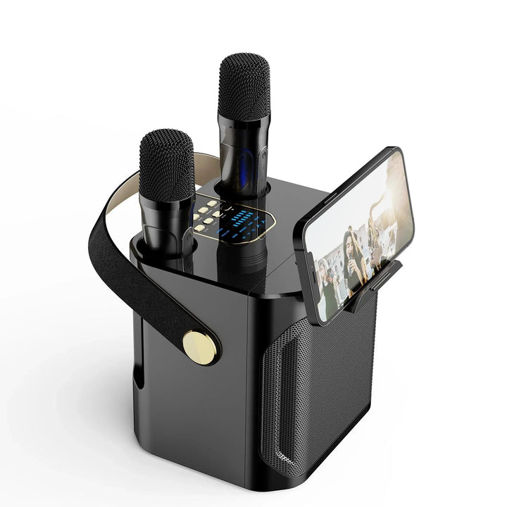 "Krachtige draagbare Bluetooth karaoke speaker met 360° surround, compacte boombox, dubbele microfoons, diep basgeluid."