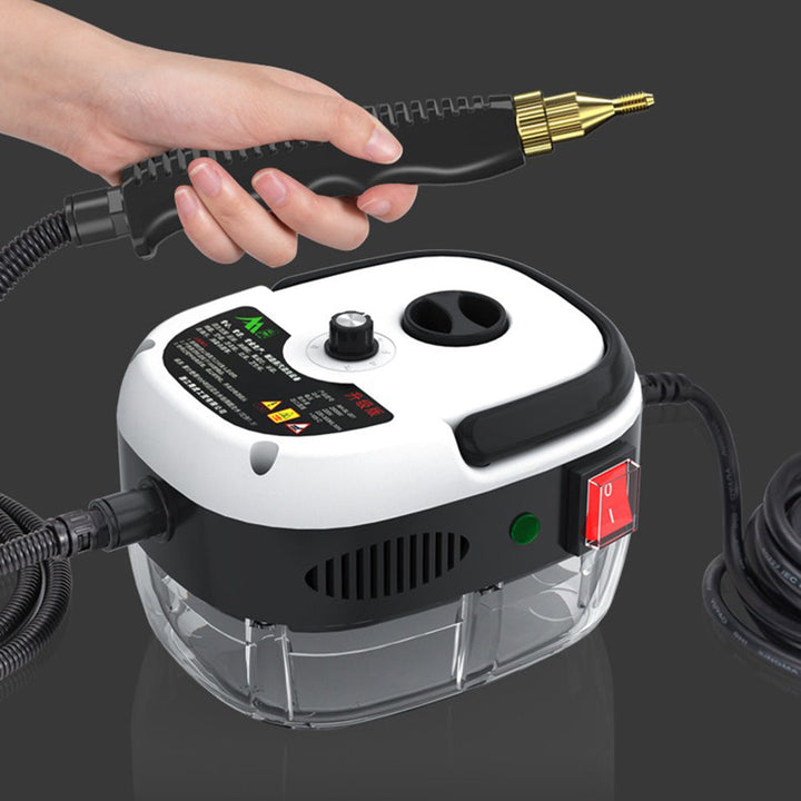 "Krachtige stoomreiniger 2500W in actie, chemievrij, voor grondige reiniging van keuken tot auto, instelbare stoomstanden."