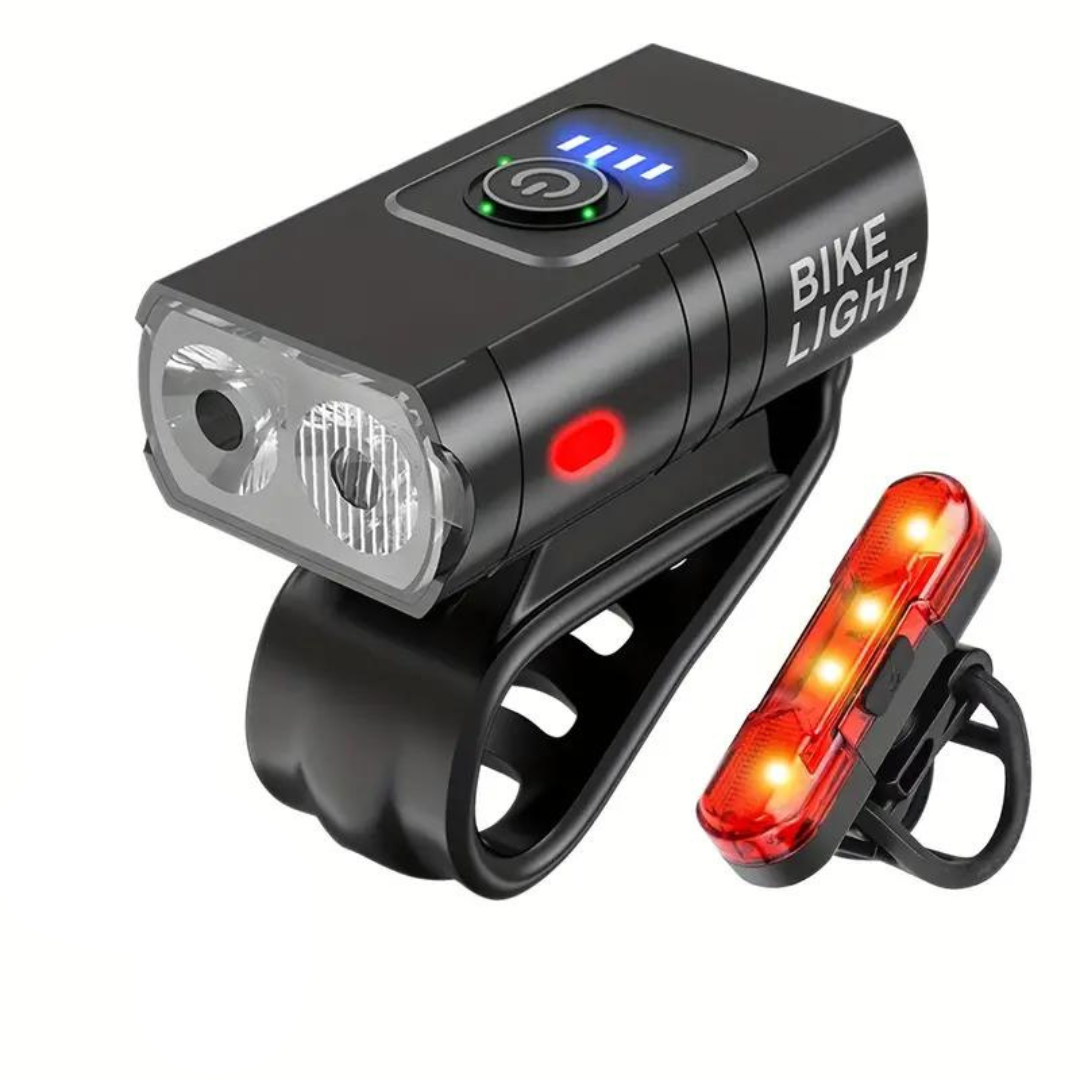 "Krachtige USB-oplaadbare LED fietsverlichting; voorlicht 1000 lumen, achterlicht 500 lumen, ideaal voor zichtbaarheid."