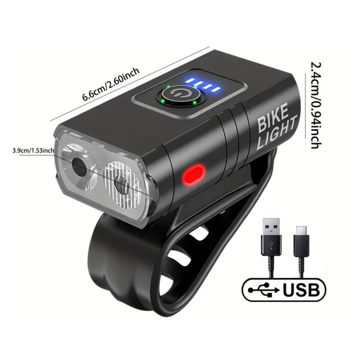 "Krachtige USB-oplaadbare LED fietsverlichting; voorlicht 1000 lumen, achterlicht 500 lumen, ideaal voor zichtbaarheid."