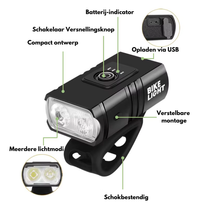 "Krachtige USB-oplaadbare LED fietsverlichting; voorlicht 1000 lumen, achterlicht 500 lumen, ideaal voor zichtbaarheid."