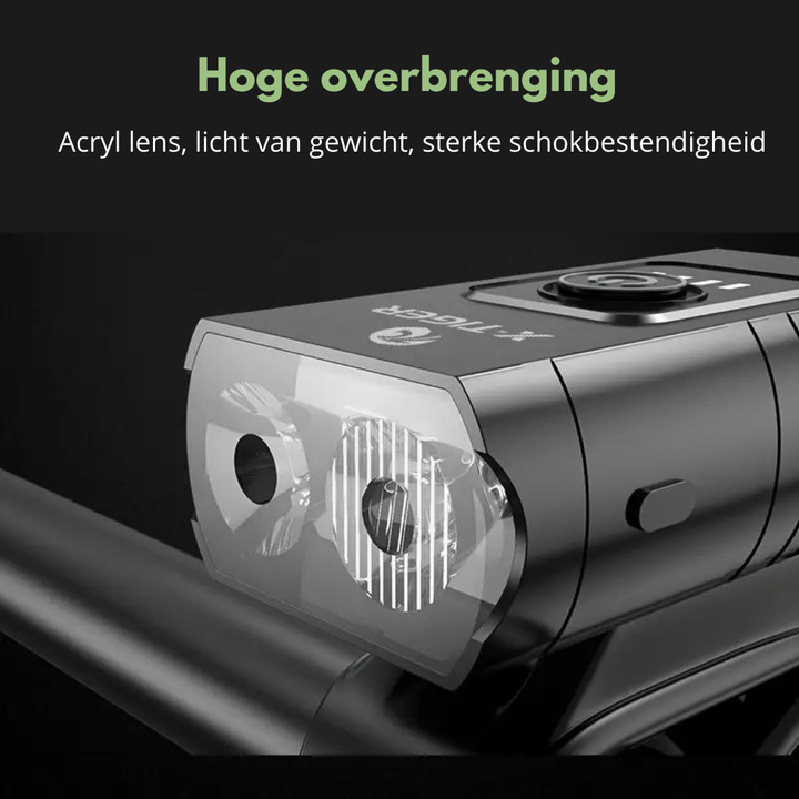 "Krachtige USB-oplaadbare LED fietsverlichting; voorlicht 1000 lumen, achterlicht 500 lumen, ideaal voor zichtbaarheid."