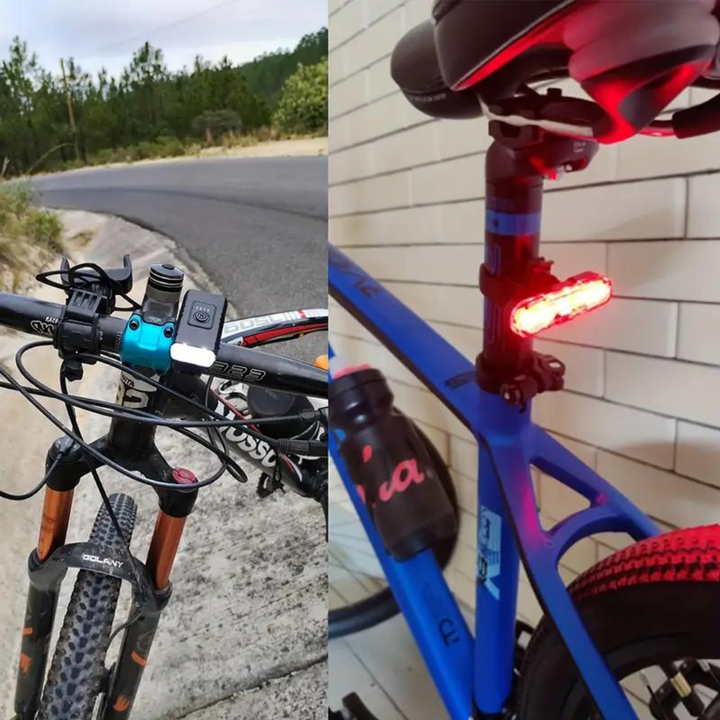 "Krachtige USB-oplaadbare LED fietsverlichting; voorlicht 1000 lumen, achterlicht 500 lumen, ideaal voor zichtbaarheid."