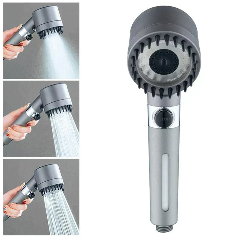 "Krachtige waterbesparende douchekop met filter, zilver/chroom, 3 standen. Hoogwaardige waterdruk en eco-vriendelijk ontwerp.