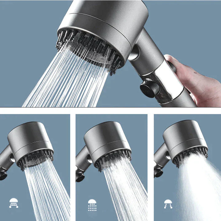 "Krachtige waterbesparende douchekop met filter, zilver/chroom, 3 standen. Hoogwaardige waterdruk en eco-vriendelijk ontwerp.