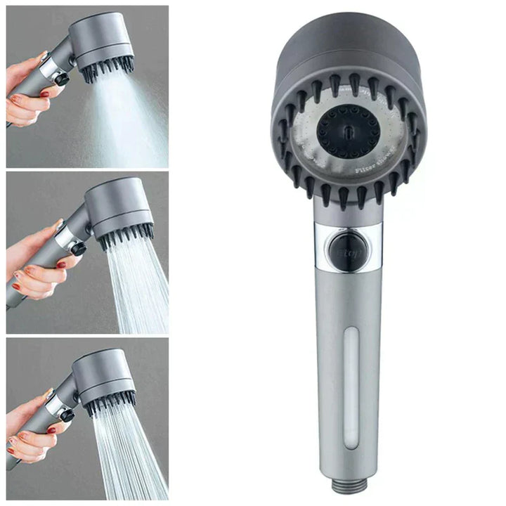 "Krachtige waterbesparende douchekop met filter, zilver/chroom, 3 standen. Hoogwaardige waterdruk en eco-vriendelijk ontwerp.