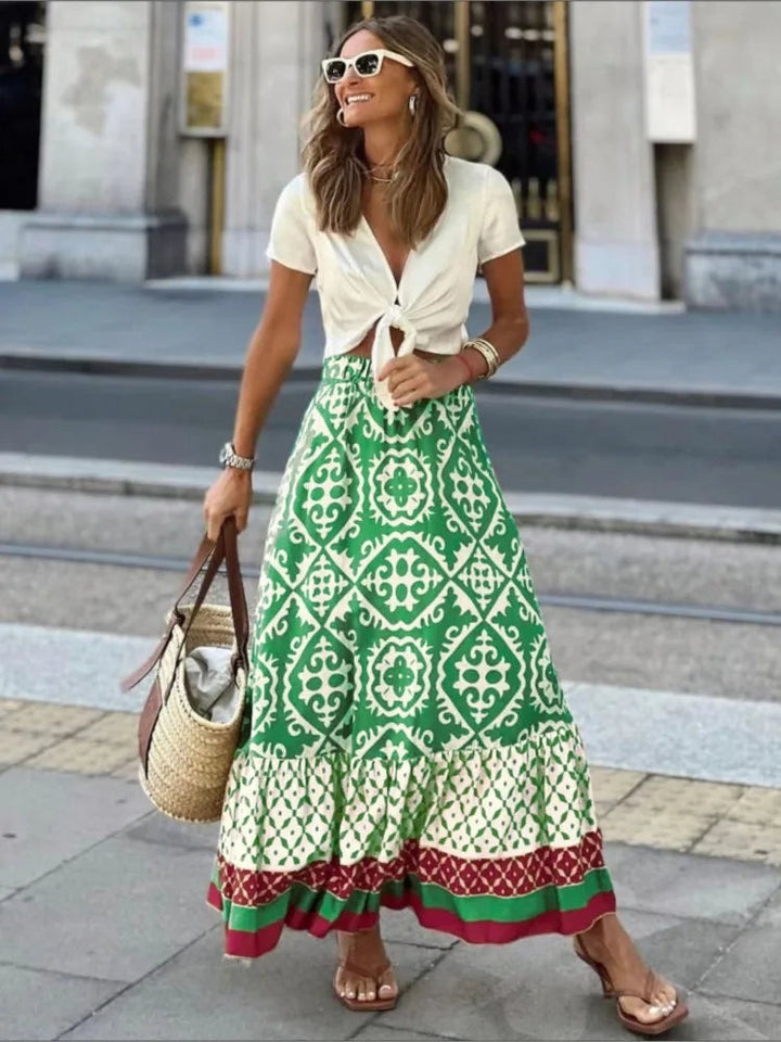 "Lange Boho-rok dames met bloemenprint, elastische taille, luchtige stof, A-lijn pasvorm, ideaal voor zomer"